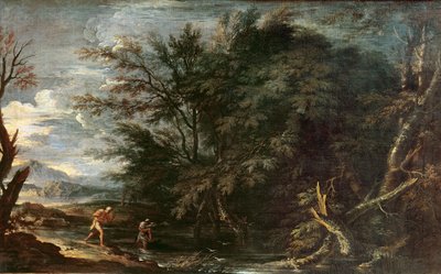 Landschaft mit Merkur und dem unehrlichen Holzfäller, um 1650 von Salvator Rosa